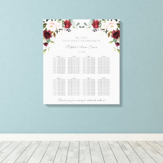 Burgundy Blush Floral Birthday Seating Chart Canvas Afdruk (Insitu (Houten vloer))
