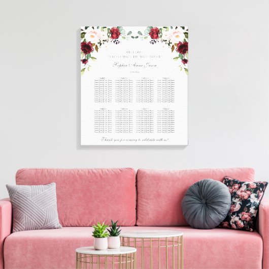 Burgundy Blush Floral Birthday Seating Chart Canvas Afdruk (Insitu (Woonkamer))