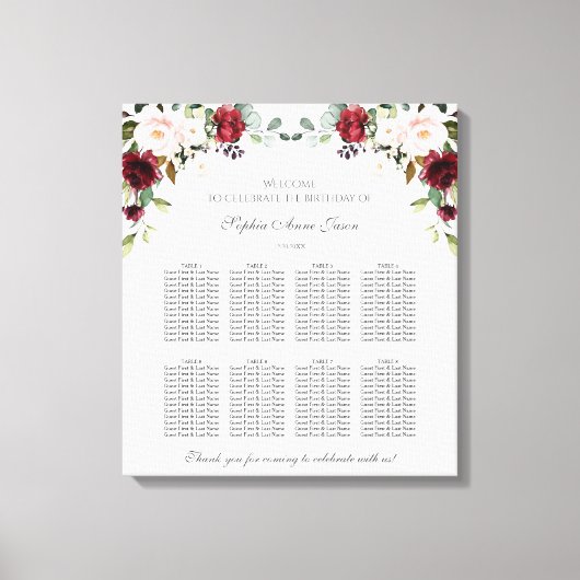 Burgundy Blush Floral Birthday Seating Chart Canvas Afdruk (Voorkant)