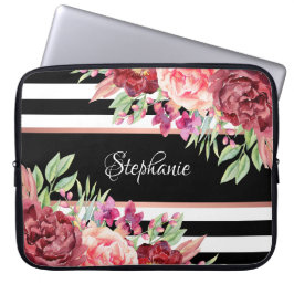 Burgundy Blush Floral Black Stripes gepersonalisee Laptop Sleeve
