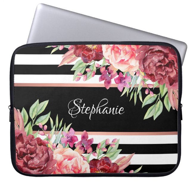 Burgundy Blush Floral Black Stripes gepersonalisee Laptop Sleeve (Voorkant)