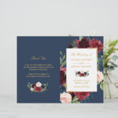 Burgundy Blush Floral Blue Folded Wedding Programm (Staand voorkant)