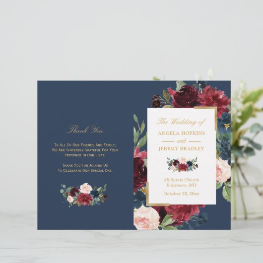Burgundy Blush Floral Blue Folded Wedding Programm (Staand voorkant)