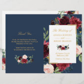 Burgundy Blush Floral Blue Folded Wedding Programm (Voorkant / Achterkant)