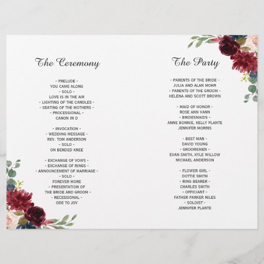 Burgundy Blush Floral Blue Folded Wedding Programm (Achterkant)
