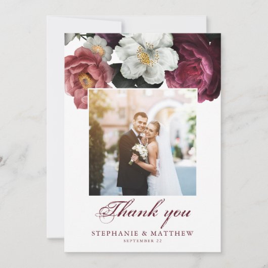 Burgundy Blush Floral Botanical Photo Wedding Bedankkaart (Voorkant)