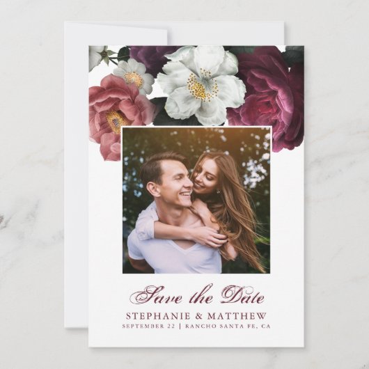 Burgundy Blush Floral botanische foto Save The Date (Voorkant)
