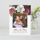Burgundy Blush Floral botanische foto Save The Date (Staand voorkant)