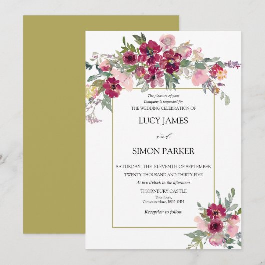 Burgundy Blush floral bouquet met gouden lijst Kaart (Voorkant / Achterkant)