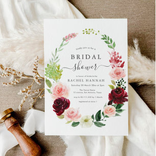 burgundy blush floral bridal douche - uitnodiging