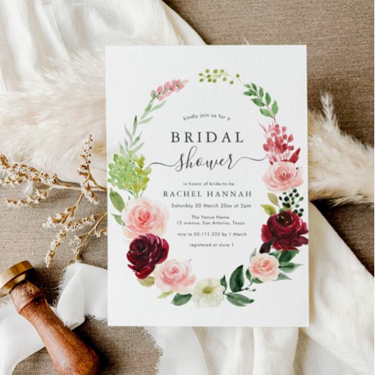 burgundy blush floral bridal douche - uitnodiging