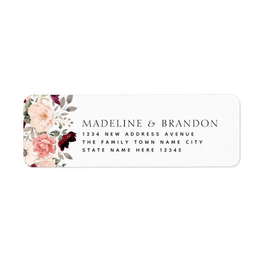 Burgundy Blush Floral Bride & Groom Address Etiket (Voorkant)