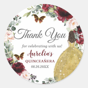 Burgundy Blush Floral Butterflies Princess Gold Ronde Sticker