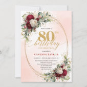 Burgundy Blush Floral Chic 80th Birthday Invite Kaart (Voorkant)