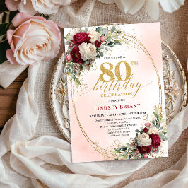 Burgundy Blush Floral Chic 80th Birthday Invite Kaart
