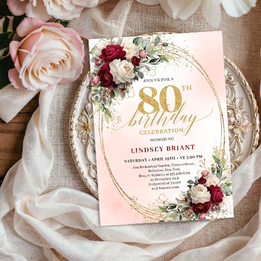 Burgundy Blush Floral Chic 80th Birthday Invite Kaart