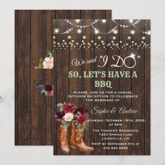 Burgundy Blush Floral Cowboy Boots, na I DO BBQ Kaart (Voorkant / Achterkant)