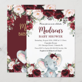 Burgundy Blush Floral Cute Elephant Baby shower Kaart