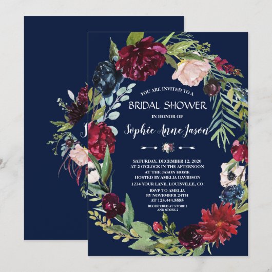 Burgundy Blush Floral Dark Blue Vrijgezellenfeest Kaart (Voorkant / Achterkant)