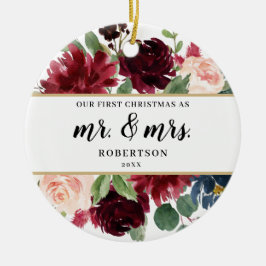 Burgundy Blush Floral Eerste Kerstmis Keramisch Ornament