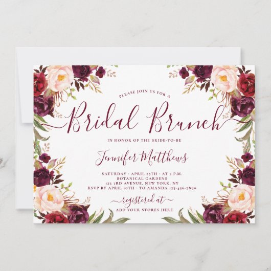 Burgundy Blush Floral Elegant Script Bridal Brunch Kaart (Voorkant)
