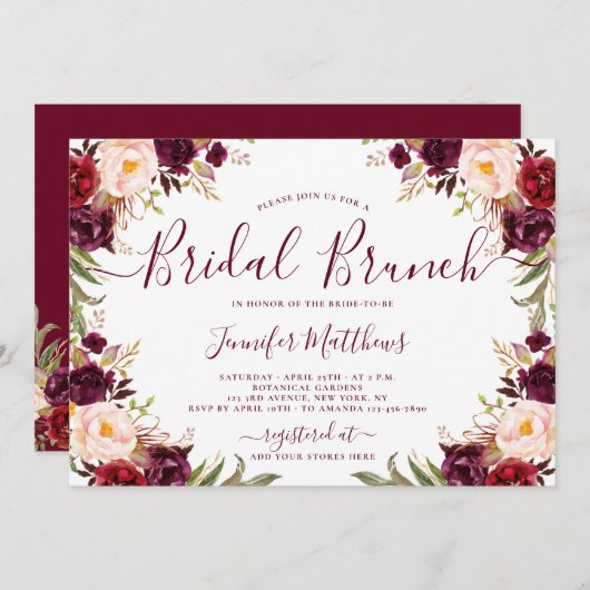 Burgundy Blush Floral Elegant Script Bridal Brunch Kaart (Voorkant / Achterkant)