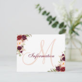 Burgundy Blush Floral Elegant Wedding Information Informatiekaartje (Staand voorkant)