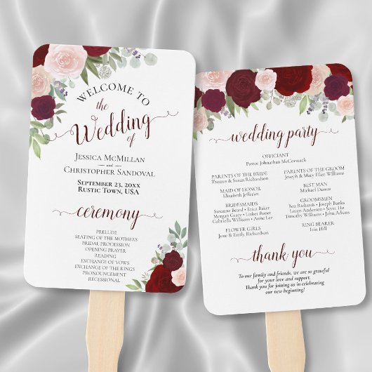 Burgundy & Blush Floral Elegant Wedding Programme Handwaaier
