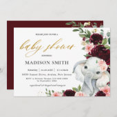 Burgundy Blush Floral Elephant Baby shower     Kaart (Voorkant / Achterkant)