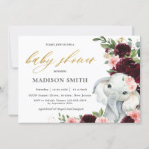 Burgundy Blush Floral Elephant Baby shower