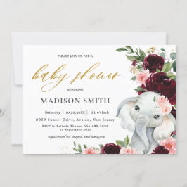 Burgundy Blush Floral Elephant Baby shower     Kaart