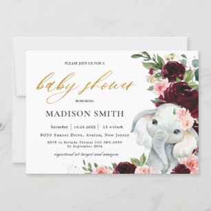 Burgundy Blush Floral Elephant Baby shower     Kaart