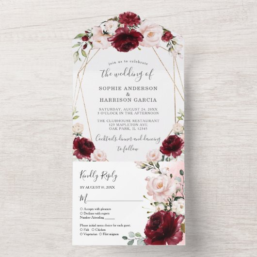 Burgundy Blush Floral en Gold Geometric Weddenscha All In One Uitnodiging (Binnen)