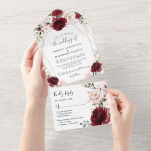 Burgundy Blush Floral en Gold Geometric Weddenscha All In One Uitnodiging