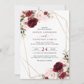 Burgundy Blush Floral en Gold Geometric Weddenscha Kaart (Voorkant)