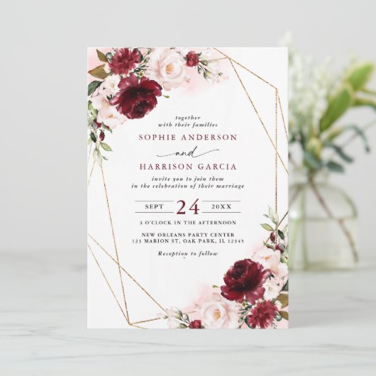Burgundy Blush Floral en Gold Geometric Weddenscha Kaart (Staand voorkant)