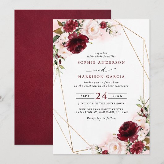 Burgundy Blush Floral en Gold Geometric Weddenscha Kaart (Voorkant / Achterkant)