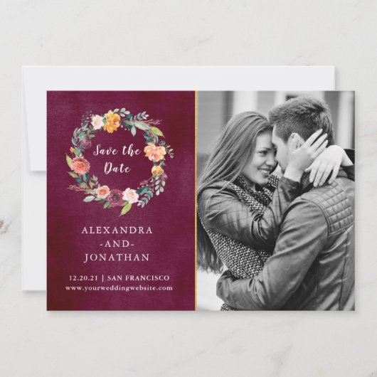 Burgundy Blush | Floral en goud met foto Save The Date (Voorkant)