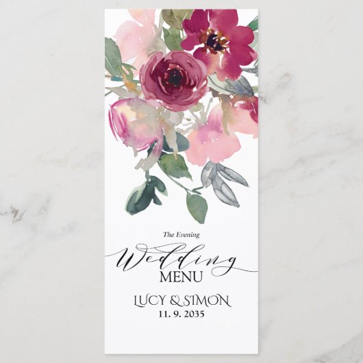 Burgundy & Blush floral Evening Wedding Menu (Achterkant)