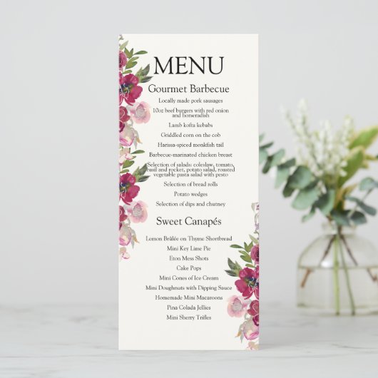 Burgundy & Blush floral Evening Wedding Menu (Staand voorkant)