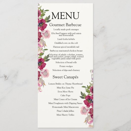 Burgundy & Blush floral Evening Wedding Menu (Voorkant)