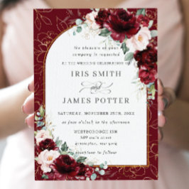 Burgundy Blush Floral Flowers Arch Gold Wedding Kaart