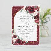 Burgundy Blush Floral Flowers Arch Gold Wedding Kaart (Staand voorkant)