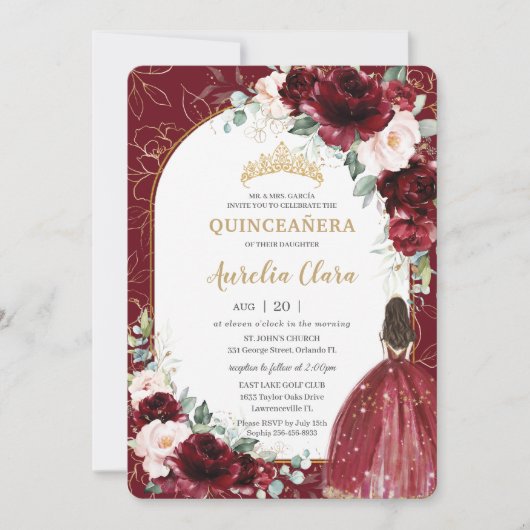 Burgundy Blush Floral Flowers Arch Quinceanera Kaart (Voorkant)