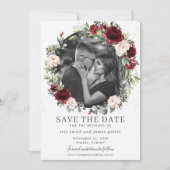 Burgundy Blush Floral Foto Save the Date Kaart (Voorkant)
