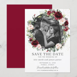 Burgundy Blush Floral Foto Save the Date Kaart