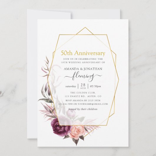 Burgundy & Blush Floral Geometric 50th Jubileum Kaart (Voorkant)