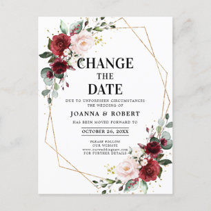 Burgundy Blush Floral Geometric Change the Date Briefkaart