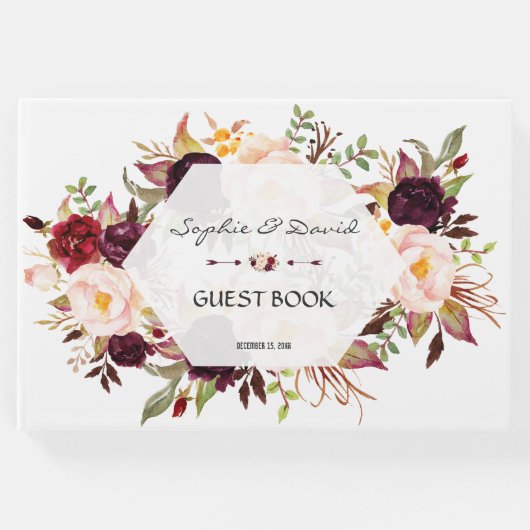 Burgundy Blush Floral Geometric Navy Guest Book Gastenboek (Voorkant)