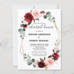 Burgundy Blush Floral Geometric Rehearsal Dinner Kaart<br><div class="desc">De elegante en moderne romantische geometrische waterverf met een florale repetititititiekaart voor het diner bevat een boeket van Bourgogne / marsala , wazige roze, Paarse, perzikkleurige waterverf rozen met bijpassende foliage. Ideaal voor een herfst-/midzomerbruiloft. Zoek meer overeenkomende design en variaties uit mijn winkel met 'blissweddingpaperie'. Je kunt contact met me...</div>